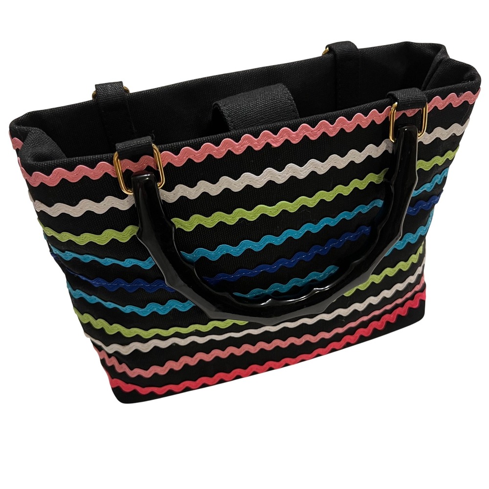 Tiannl Colorful Wavy Ric‎ Rac Black Faux Bamboo Handle Tote Purse
